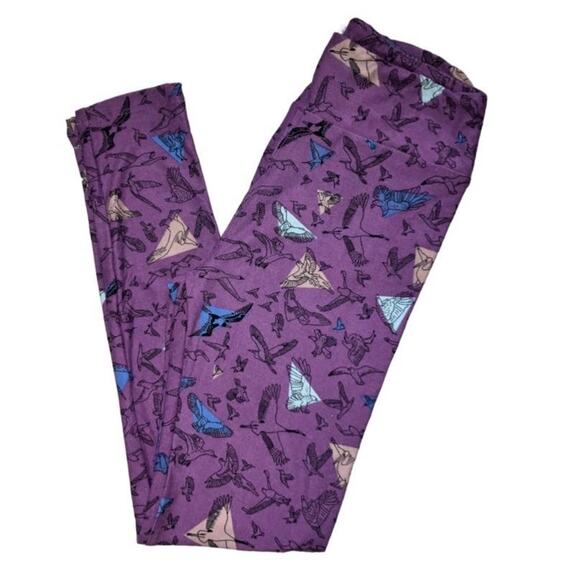 2 Pairs Lularoe Leggings One Size Bundle Purple Birds & Coral Lace - Picture 2 of 4
